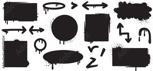 Various black spray paint graffiti shapes and arrows with dripping effects on a clean white surface