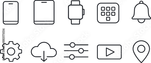 Devices and user interface icons set. Smartphone, tablet, smartwatch, media, navigation and touch gesture outline symbols