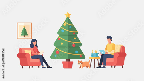 Two people and a cat near a Christmas tree in a cozy room