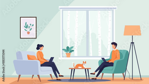 Two people and a cat relax in a living room