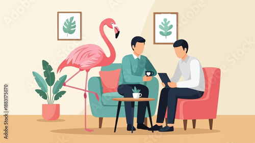 Two men in a cozy room with a flamingo and plants