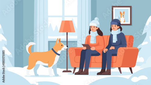 Two people and dog inside on a snowy day by the window