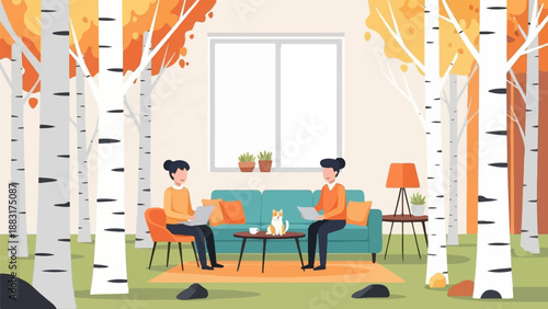 Two people and dog in living room with autumn trees outside