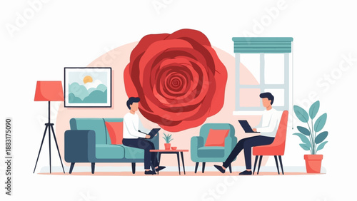 Two men in a living room with a large rose and artwork