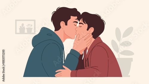 Two men kissing intimately in a warm, stylized indoor setting