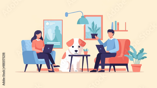 Two people and dog working on laptops in a cozy living room with plants