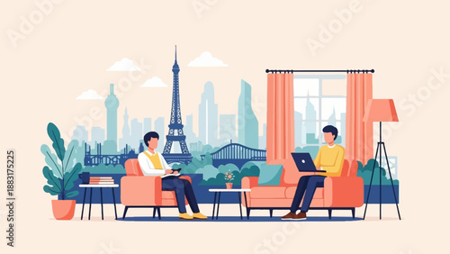 Two men relax in a cozy living room with a Paris cityscape backdrop