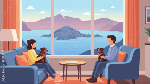 Two people and dogs relax indoors with a scenic lake and mountain view