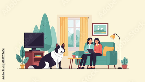 Two people and a dog in a cozy living room