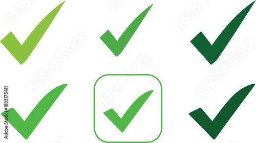 Green check mark icon vector set. Approval ticks and confirmation symbols for success, validation, voting and user interface design projects.