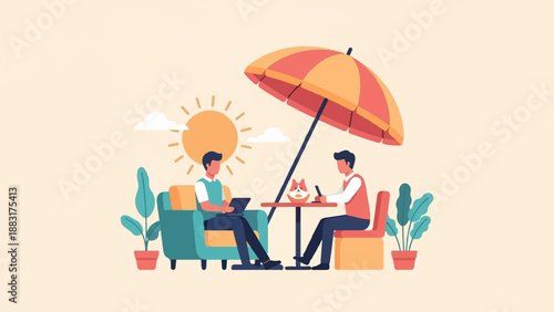 Two men relax under an umbrella on a sunny day with plants and a small dog