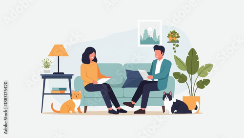 Two people and two cats relax indoors, talking on a couch with plants