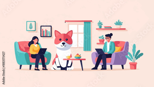 Two people and a dog in a cozy living room, each engrossed in their laptops