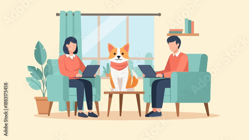 Two people and a dog in a living room, using laptops
