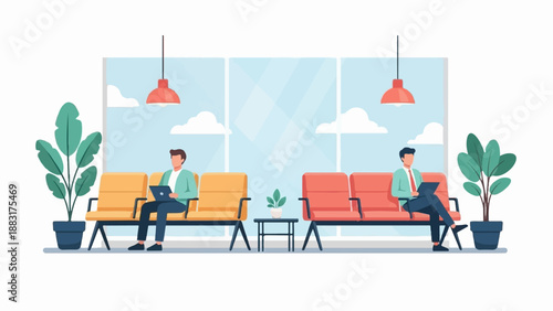 Two men sit in waiting area chairs, one with a laptop, near plants