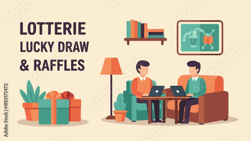 Two men sit on a couch, each using a laptop, with gifts and plants nearby