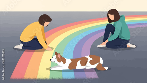 Two people and a dog on a rainbow