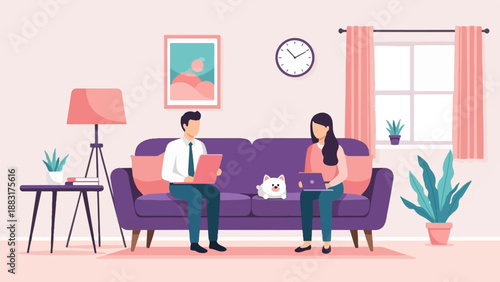 Two people and a dog on a couch, each with a laptop, in a living room