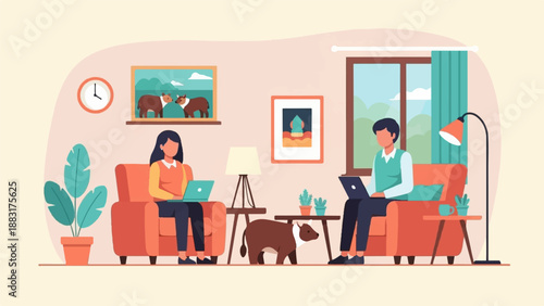 Two people are sitting in living room with laptops, a cow is in the middle