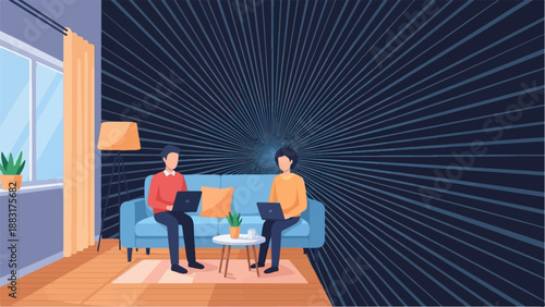 Two men work on laptops in a modern living room with a dynamic starburst background