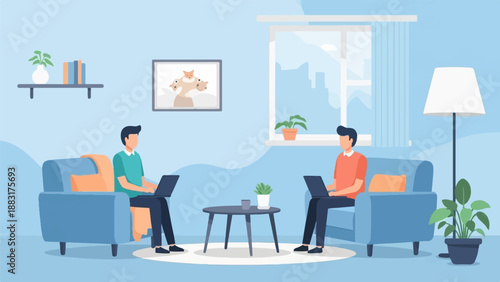 Two men work on laptops while sitting on couches in a brightly lit room