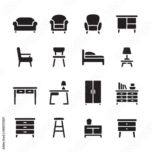 Comprehensive set of sixteen black silhouette icons featuring diverse home furnishing items such as sofa chair bed desk lamp wardrobe and storage units for interior design projects