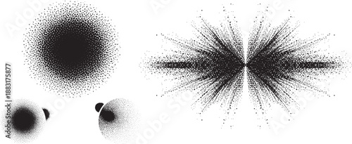 A collection of black stipple dot patterns creating spherical and radiating shapes on a white background