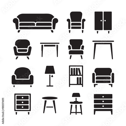 Interior furniture icon set in black silhouette style including sofa armchair table wardrobe bookshelf chest of drawers and floor lamp for home apartment decoration and living room planning vector