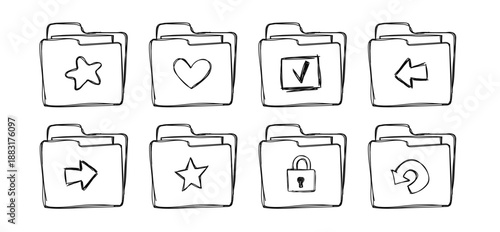Black and white folder icon set in crayon, marker hand drawn style with documents and files, arrows, heart, stars. Perfect for digital archive organization, computer interface design, and modern offic