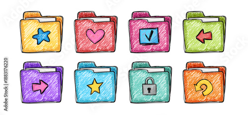 Colorful folder icon set in crayon, marker hand drawn style with documents and files, arrows, heart, stars. Perfect for digital archive organization, computer interface design, and modern office illus