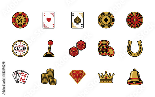 Vintage Engraving Style Casino Gambling Elements Graphic Asset Sheet for Las Vegas Nightlife and Gaming