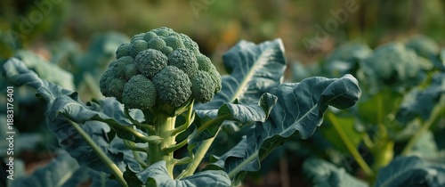 Huge broccoli plant developing during vegetable season