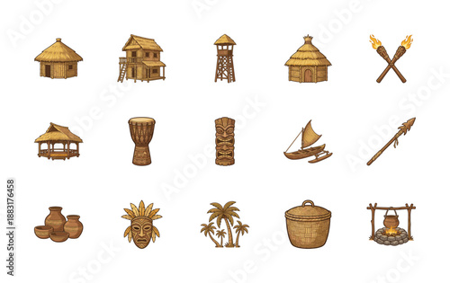 Hand-drawn Polynesian Tribal Village Graphic Asset Sheet for Adventure Gaming and Cultural Education