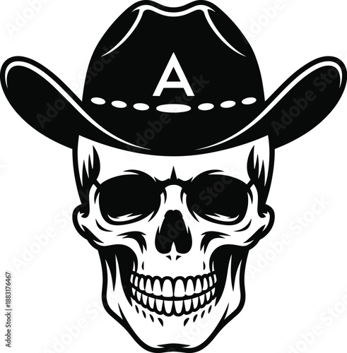 Cowboy skull wearing western hat, black and white vector illustration, vintage outlaw logo, Halloween design, tattoo style, isolated