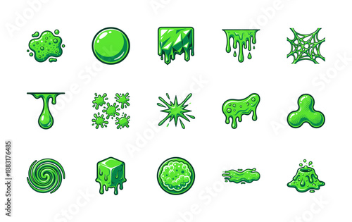 Flat Vector Cartoon Toxic Green Slime and Acidic Goo Graphic Asset Sheet for Game UI Design and Horror Projects