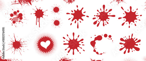 A diverse collection of red paint splatters and distressed grunge elements on a clean white background
