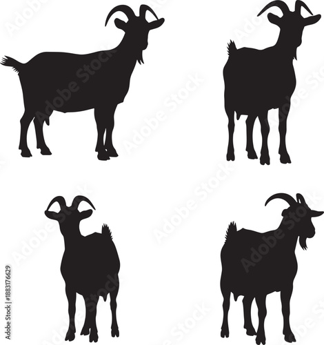 Four black silhouettes of goats in different poses