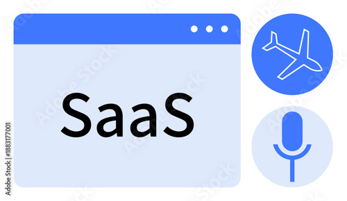 Technology, cloud computing, digital communication, remote work, software solutions, travel. SaaS text in a window with airplane and microphone icons. Cloud computing and digital communication