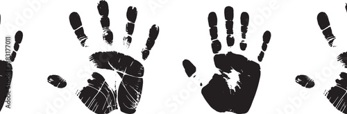 A row of several distressed black human handprints displayed across a bright white background