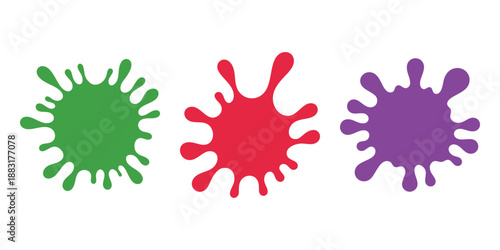 Collection of colorful paint splatters vibrant ink blots in red green and purple isolated on white background for design