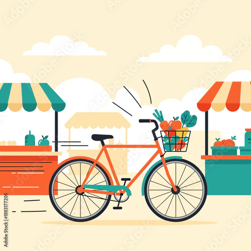Vibrant Bicycle Journey: Delivering Fresh Produce from a Colorful Outdoor Marketplace