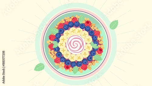 Vibrant And Fresh Breakfast Bowl Featuring Fruits And Oats With Decorative Elements