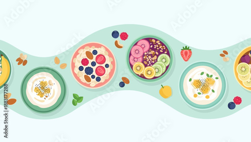 Vibrant Bowls Of Fresh Fruit And Nut Cereals, A Delicious And Healthy Breakfast Option