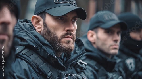Police officers in tactical gear standing together.