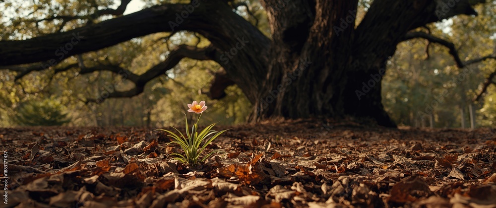 Obraz premium Miniature flower plant growing under a tree on dry leaves