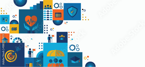 Employee benefits package and engagement concept. Employee health insurance ,paid vacation, financial perks, workplace perks. Incentive motivation for corporate company. Vector illustration template.