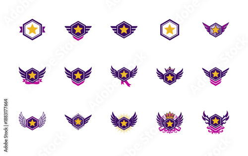 Flat Vector Hexagon Star Winged Badge Graphic Asset Sheet for Gaming Achievement and Rank Progression