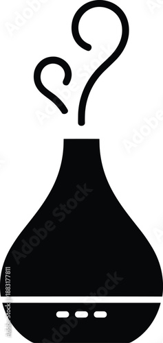 Abstract aroma diffuser icon, essential oil humidifier silhouette, vapor steam symbol, minimal black vector, home wellness, spa device