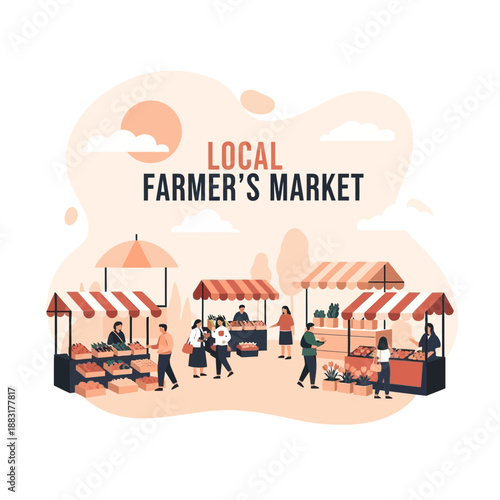 Vibrant Community Gathering Depicting A Thriving Local Farmer's Market Amidst Sunny Ambiance