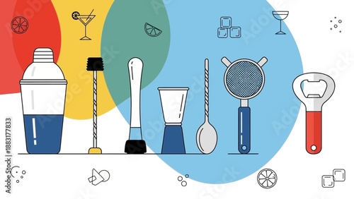 Vibrant Cocktail Tools Illustration for Barware Drink Preparation and Mixing Process